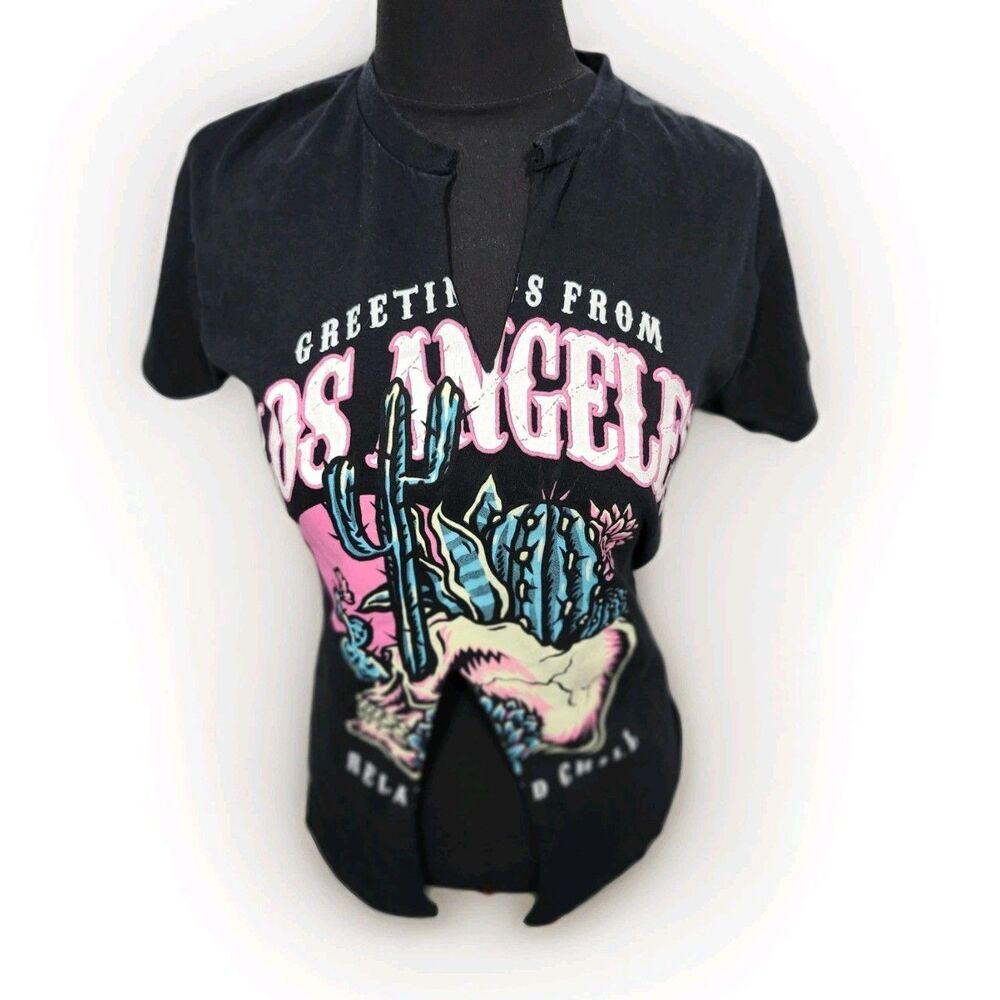Popular Girl Womens T Shirt Small Greetings From Los Angeles Festival Black Pink